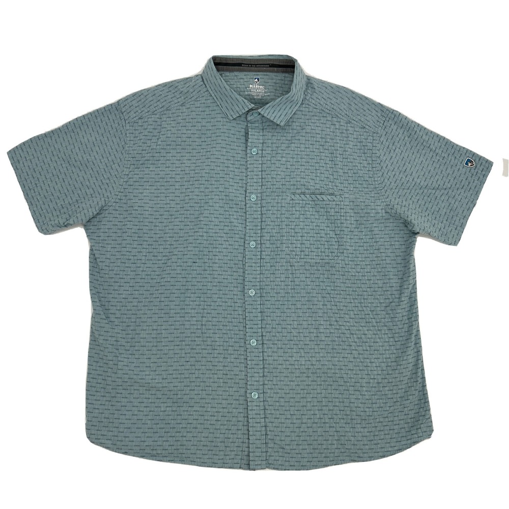 Kuhl Provok Shirt Men's XXL 2XL Light Blue Dashes Short Sleeve‎ Button Up Hiking